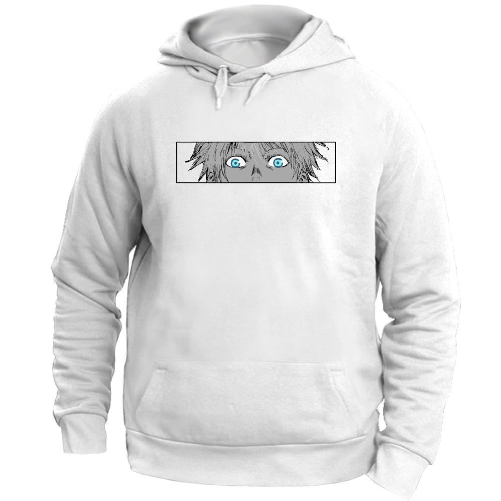 Otaku Hub Store white / XS Felpa Unisex con Cappuccio Felpa Unisex con Cappuccio Gojo Jujutsu Kaisen Anime, Abbigliamento anime, anime store, accessori anime, manga, manga store, abbigliamento manga accessori manga